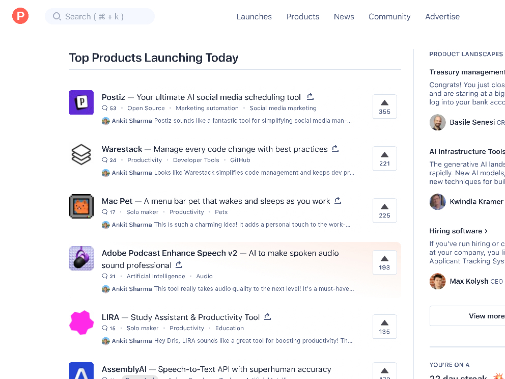 Product Hunt Homepage